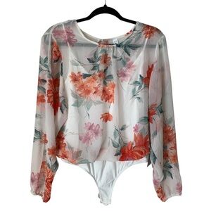 NWT Melograno Rico Sheer Floral 3/4 Sleeve Blouse Overlay White Bodysuit- Size S